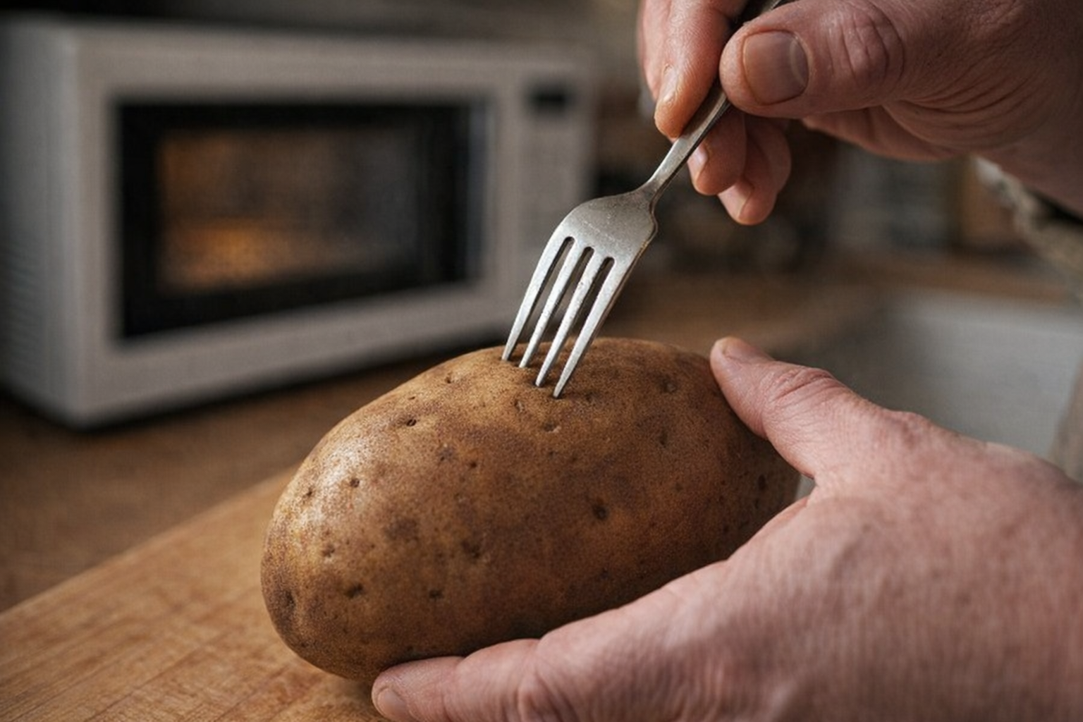 A close-up action shot of a potato being pierced with a fork before microwaving, hands visible, focused lighting